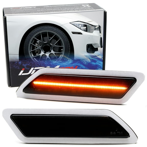 Dark Smoked Lens Amber Full LED Strip Front Bumper Reflector Replace Side Marker Light Kit For BMW 2012-2015 Pre-LCI F30 320i 328i 335i, Replace OEM Amber Reflex