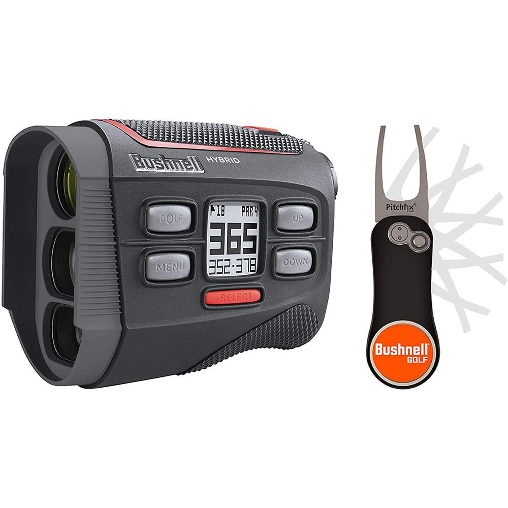 Bushnell Hybrid Golf Laser Rangefinder + GPS Pitchfix Bundle | +Premium Carrying Case with Carabiner Clip, CR2 Battery & PlayBetter Pitchfix Divot Tool with Magnetic Bushnell Ball Marker