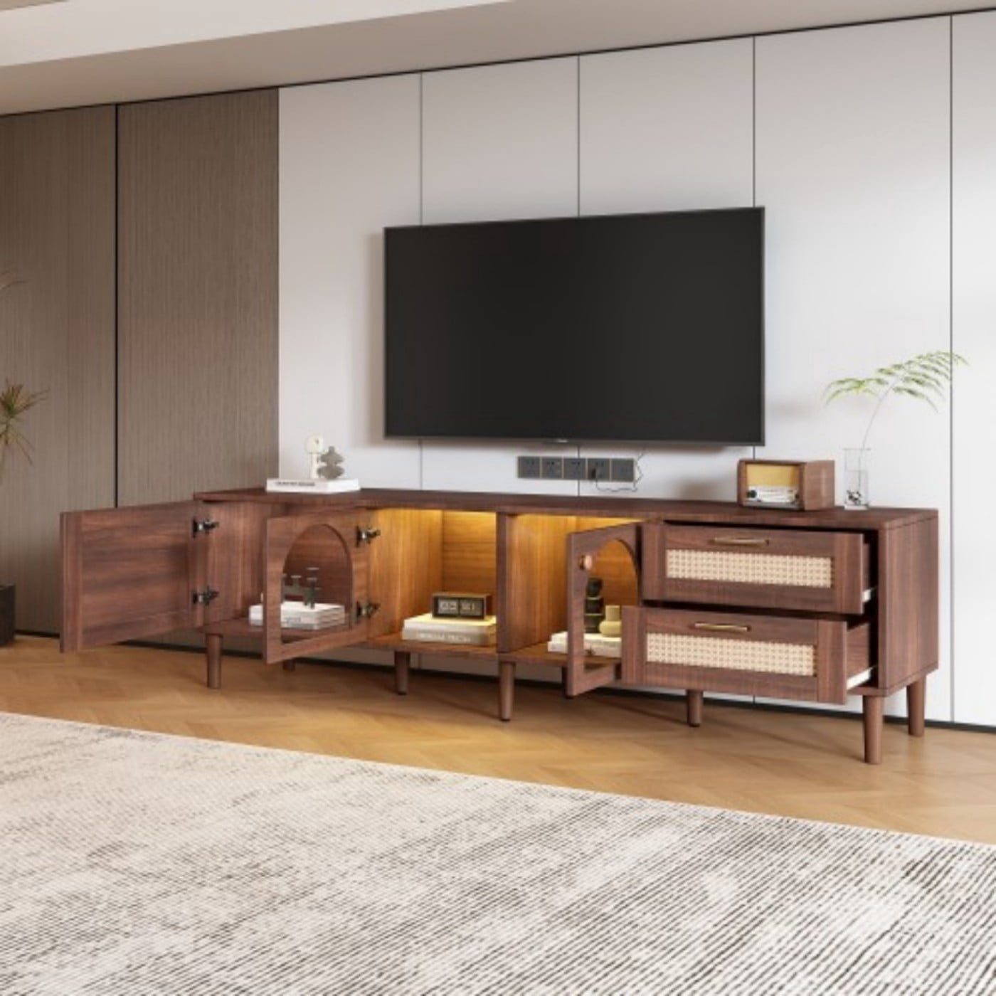 70" TV Stand for 80 Inch TV, LED Entertainment Center with App Controlled Lights, Rattan Media Console, Glass Door Storage, Living Room, Brown