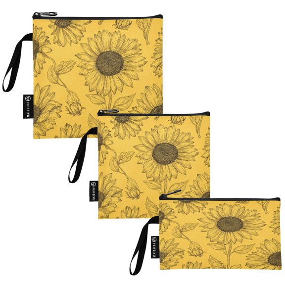 Set of 3 Reusable Storage Bags with Zipper , Food Storage & Bread Organizer for Picnic Office, Plant Illustration Patterns