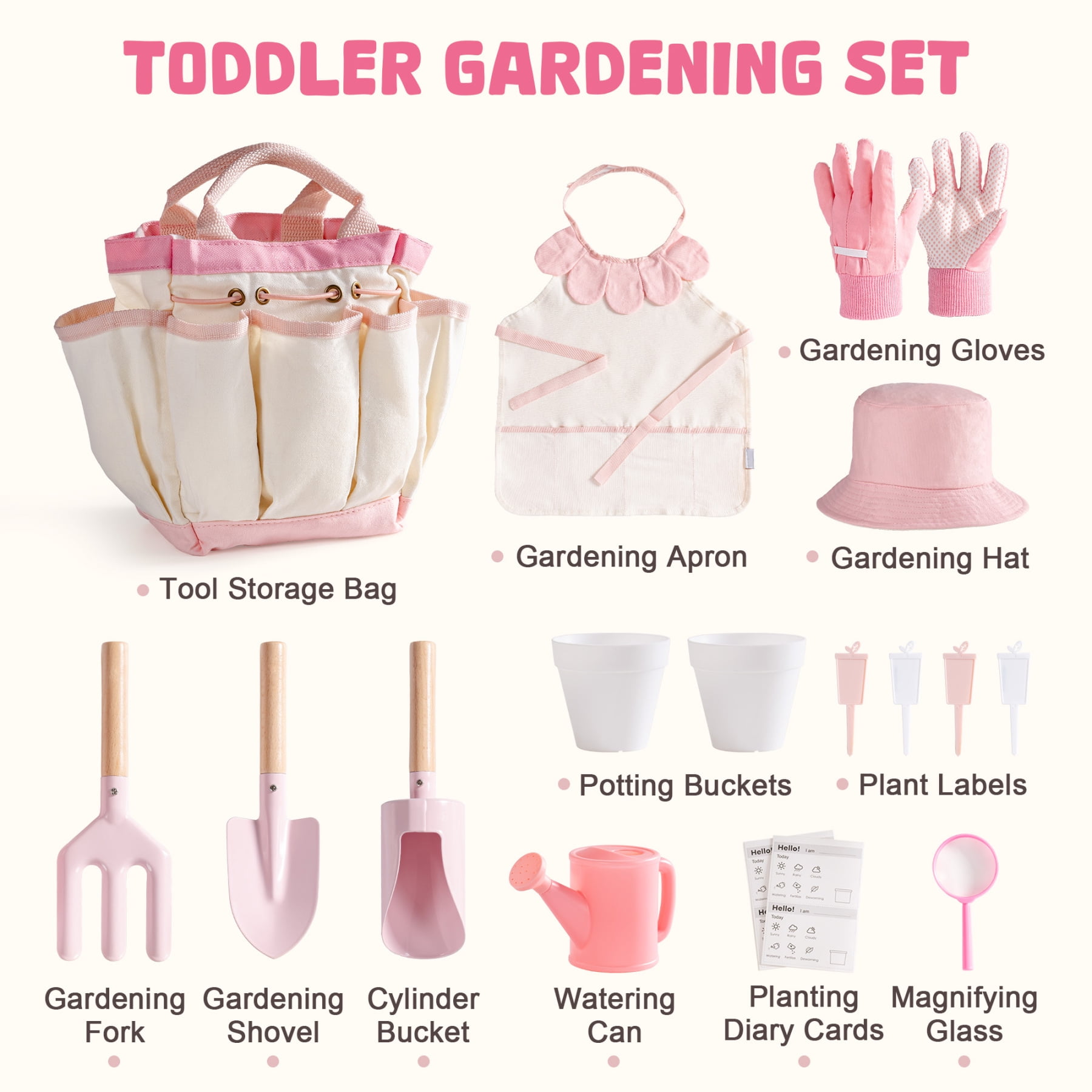 ROBUD Kids Gardening Set, 10 PCS Bow Theme Garden Tools with Shovel, fork, Sand-digging tools, Hat, Storage Bag, Apron, Waterproof Gloves– Educational Outdoor Toy Gift for Girls and Toddlers (Pink)