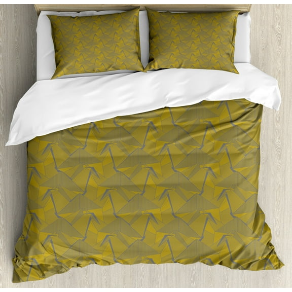 Geometric Duvet Cover Set King Size, Continuous Pattern with Striped Origami Themed Polygonal Art in Bicolour Style, Decorative 3 Piece Bedding Set with 2 Pillow Shams, Fawn Dimgray, by Ambesonne