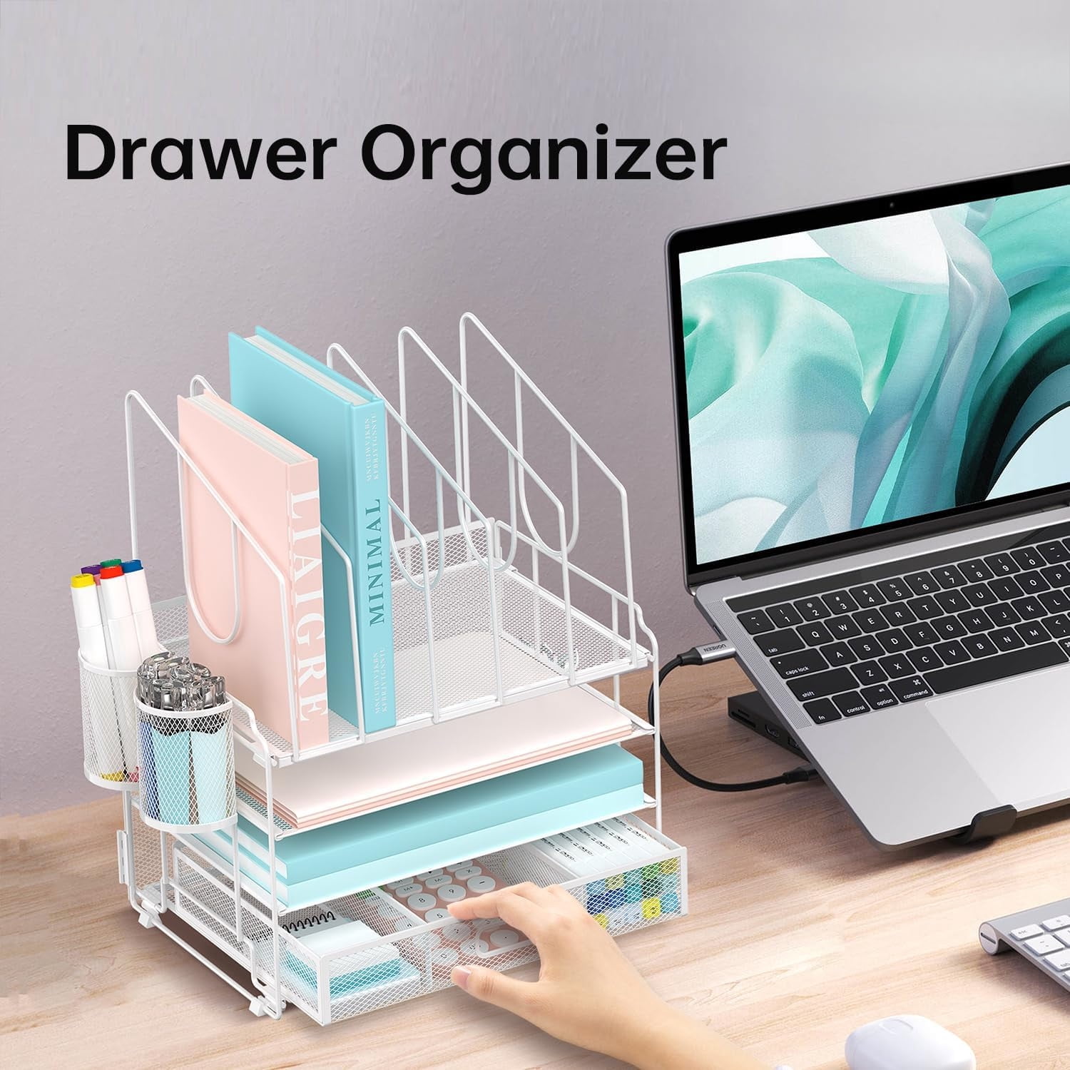 INTIGE 4-Tier Mesh Desktop Organizer with Drawer, 5 Vertical File Holders and 2 Pen Holders, White