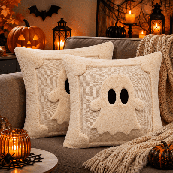 Cute Halloween Ghost Pillow Covers 18x18 Inch Set of 2, Ghost Throw Pillow Covers, Soft Polyester Cushion Cases for Sofa Couch Bed Fall Halloween Home Decor