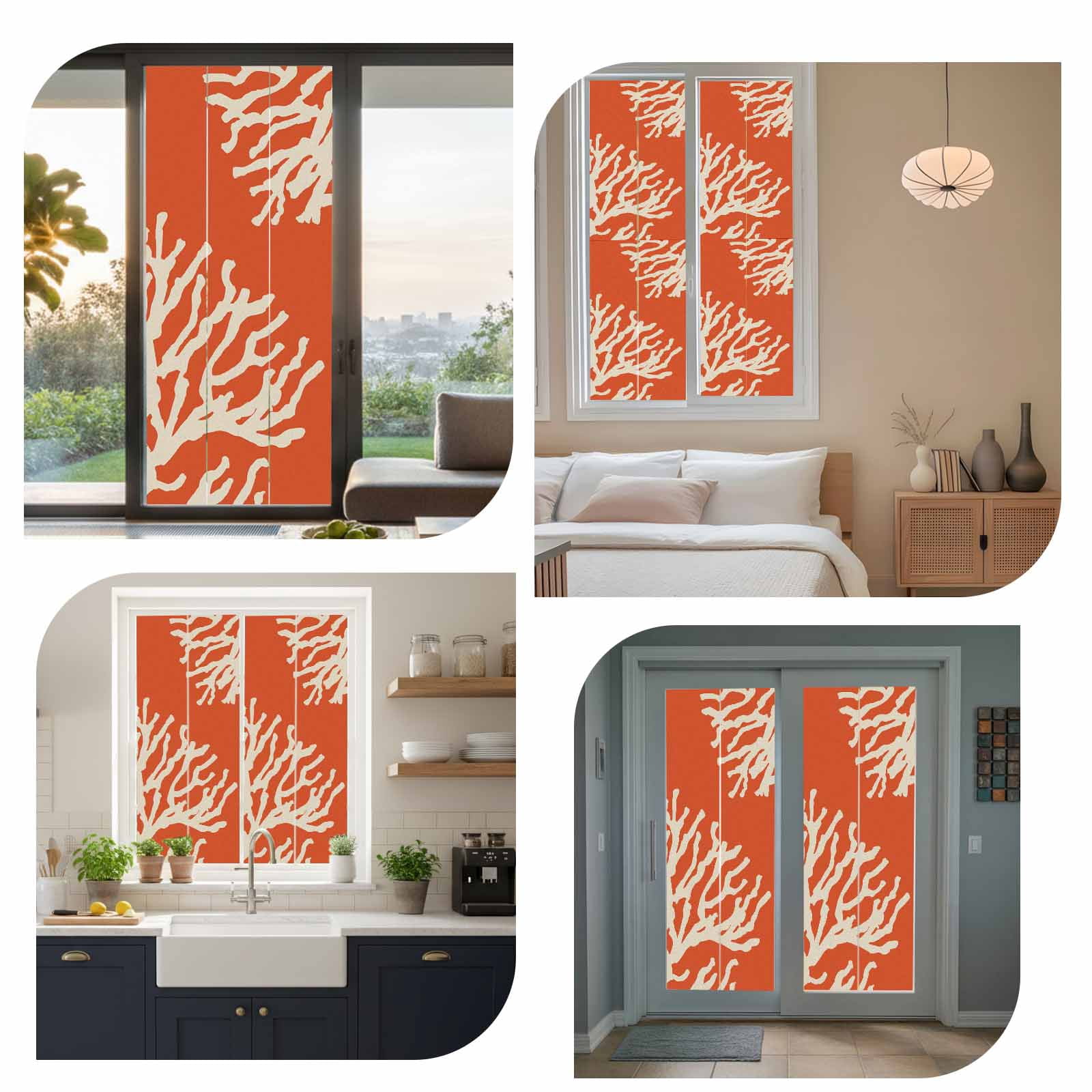 Coral Orange Window Privacy Film, Coastal White Ocean Marine Nautical Beach Static Cling UV Sun Blocking Heat Control Window Tint, Non-Adhesive One Way Windows Privacy Cover 17.7''x39.3''