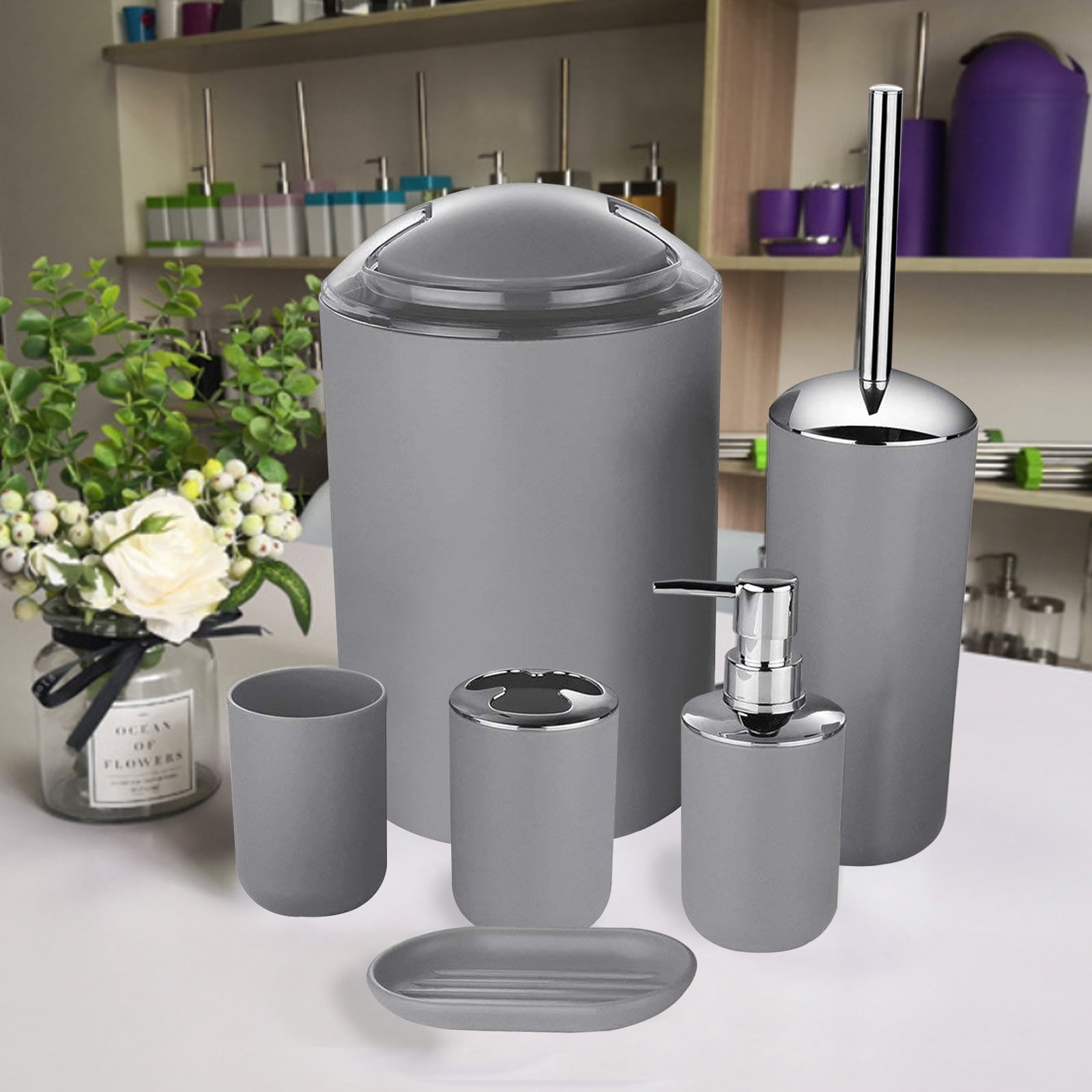 ZZkhGO 6-Piece Bathroom Accessory Set, Complete PP Plastic Toilet Brush Soap Dispenser, Organized Kit with Tumbler Trash Can