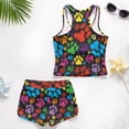 thumbnail image 6 of COEQINE Girls Two Piece Tankini Bathing Suit with Chest Pad, Crewneck Sleeveless Summer Swimwear, Modest Rash Guard Set Swimsuit for Big Kid Preteen 10-11 Years, Retro Colorful Paw Print, 6 of 8
