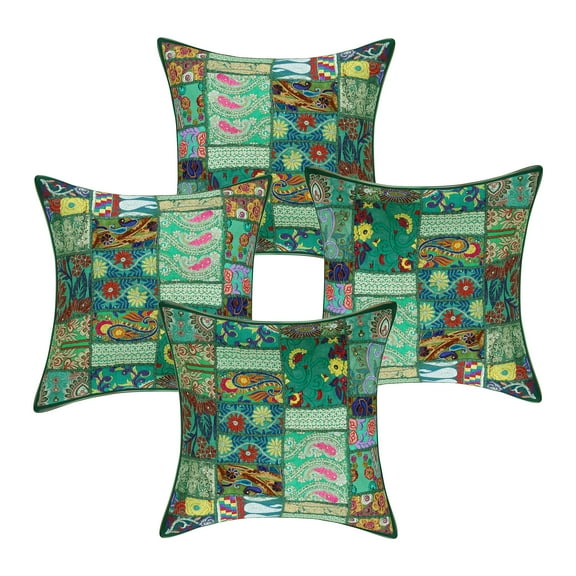Stylo Culture Indian Cotton Home Decor Throw Pillow Sham Covers Dark Green 20x20 Bohemian Vintage Patchwork Indian Couch Cushion Covers 50 x 50 cm Living Room Abstract Square Pillowcases | Set Of 4