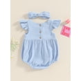 thumbnail image 5 of Musuos Baby Girl Summer Clothes Set 3M 6M 12M 18M Round Neck Fly Sleeve Solid Color Romper + Bow Headband Newborn Infant 2 Piece Set, 5 of 10