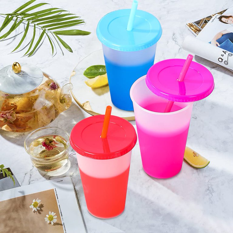 QIFEI Color Changing Cups with Straws & Lids: 710ml Kids Cold