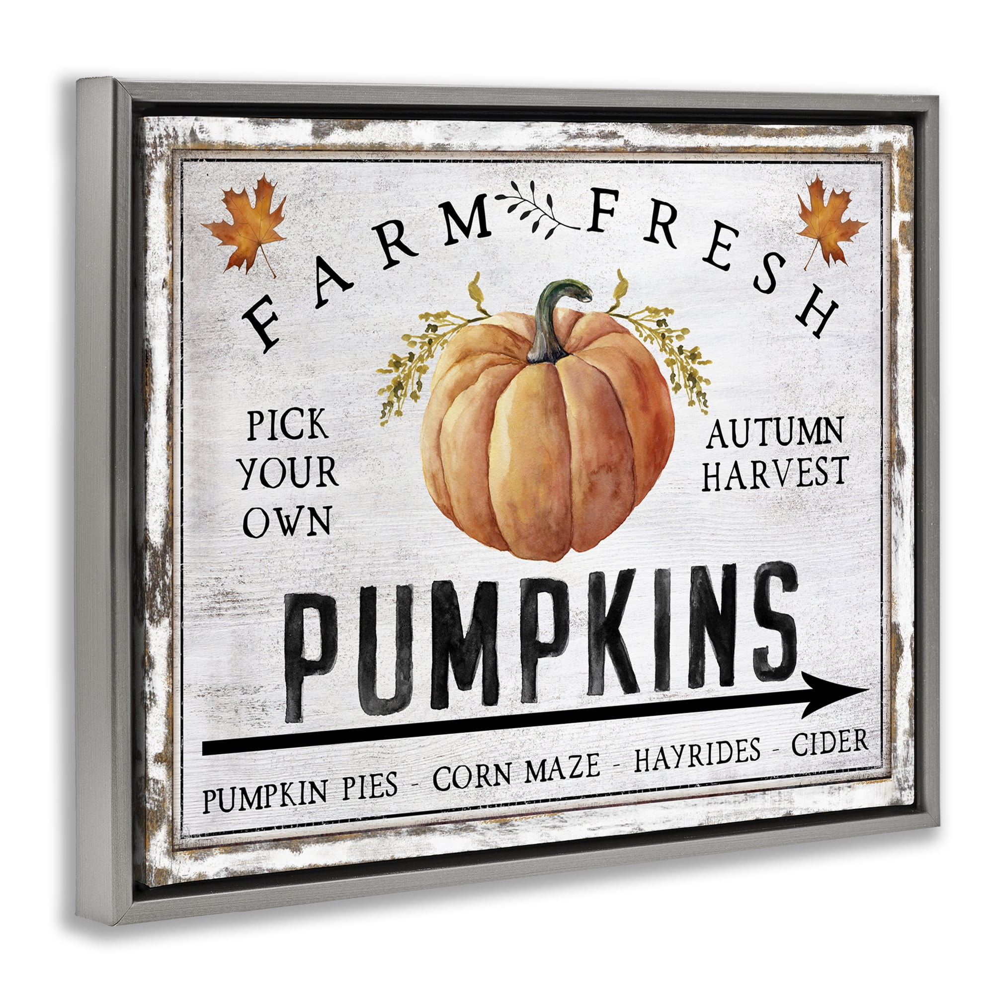 Stupell Industries Farm Fresh Pumpkin Holiday Painting Gray Floater Framed Canvas Art Prints Wall Art, 21 x 17