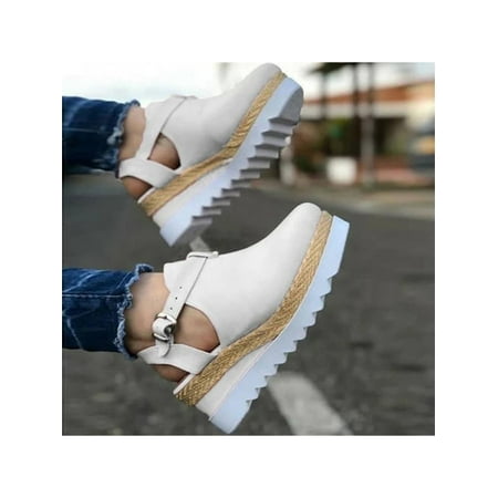 LUXUR Womens Espadrilles Wedge Sandals Platform Closed Toe Ankle Strap Slip on Summer Shoes White Size 10