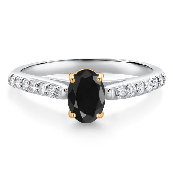Gem Stone King 10K White and Yellow Gold Black Sapphire and White Lab Grown Diamond Engagement Ring for Women (1.28 Cttw, Oval 7X5MM, Gemstone September Birthstone, Size 5)