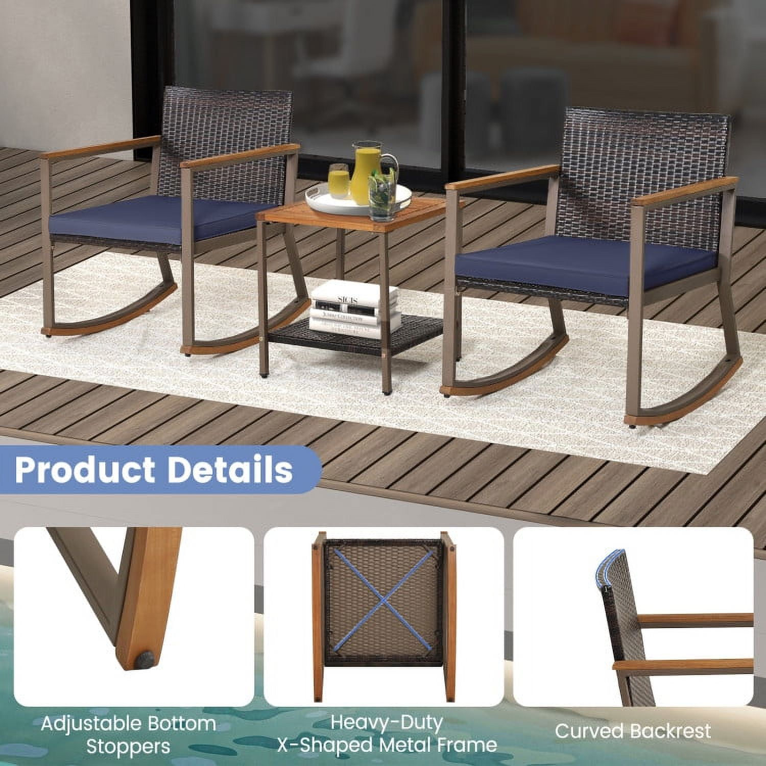 Aimee Lii 3 Pieces Rattan Rocking Bistro Set with Coffee Table and Cushions, Patio Table and Chairs Set, Outdoor Patio Set, Navy