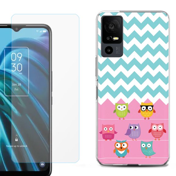OneToughShield ® for TCL 40 XE 5G Shockproof Fashion Phone Case, with Tempered Glass Screen Protector - Chevron/Teal/Owl