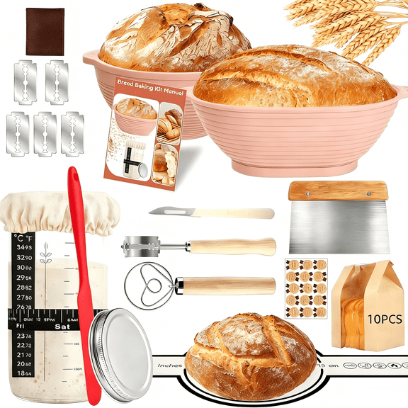 Sourdough Starter Kit, Silicone Banneton Bread Proofing Basket Set Sourdough Bread Baking Supplies, Sourdough Kit Bread Making Tools Gifts for Baking Lovers