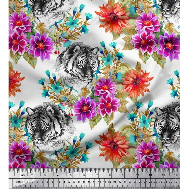 Soimoi Orange Polyester Crepe Fabric Tiger Face,Leaves & Floral Decor Fabric Printed BTY 42 Inch Wide