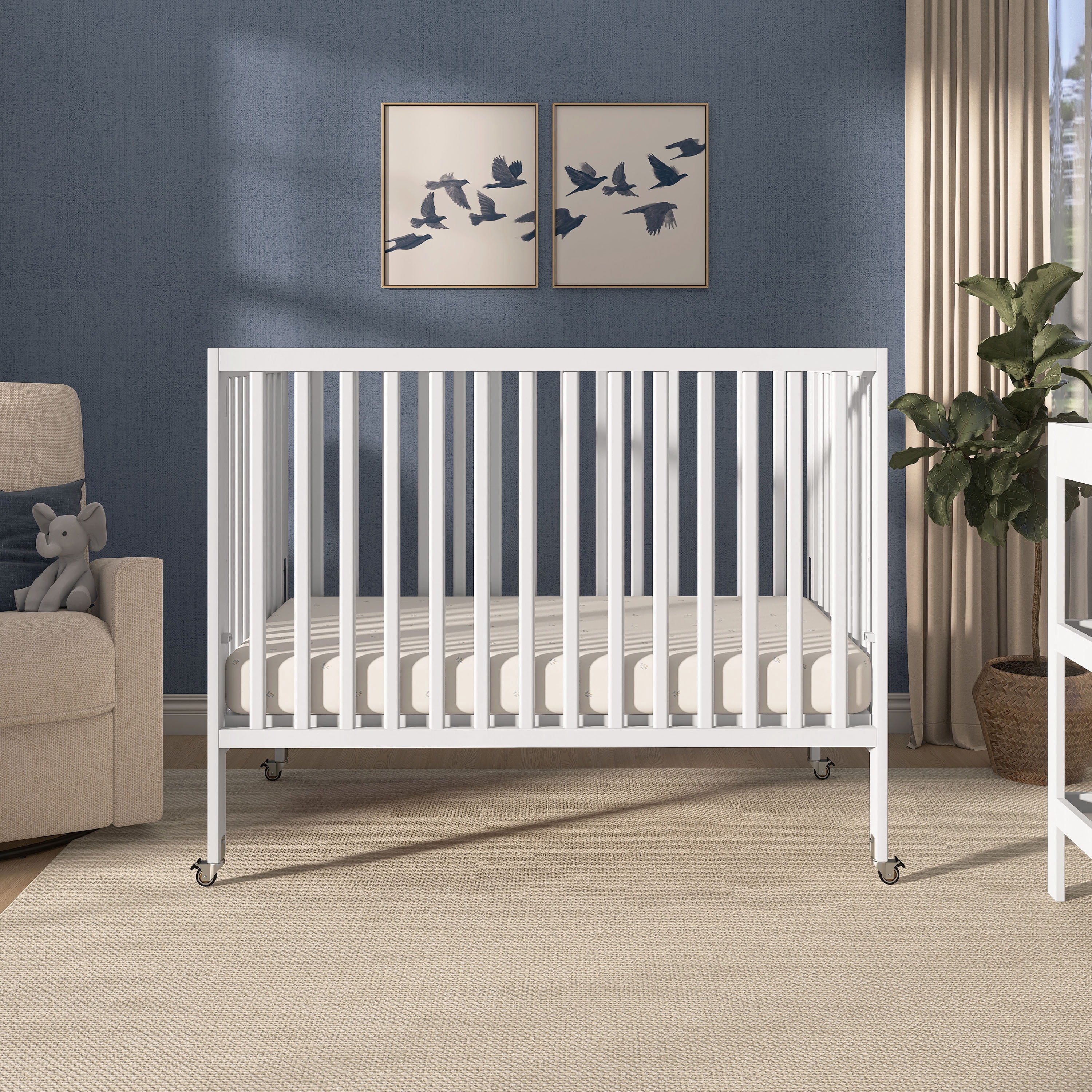 Dream On Me Quinn Full-Size Folding Crib, Removable Wheels, Modern Nursey, Adjustable Mattress Support, Patent Folding System in White