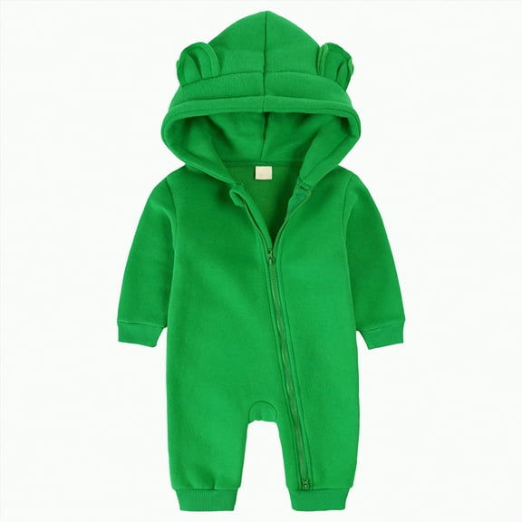 Leey-World Boys Jumpsuit Newborn Fluffy Baby Girl Winter Romper Solid Color Onesie Plush Hooded Long Sleeve Jumpsuit Bodysuit Infant Fall Clothes(Green,0-3 Months)