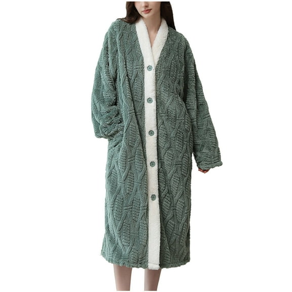 FNFYFH Womens Plush Soft Robe Button Down V Neck Jacquard Fleece Nightgowns Cozy Warm Housecoat Maxi Fluffy Bathrobe with Pockets