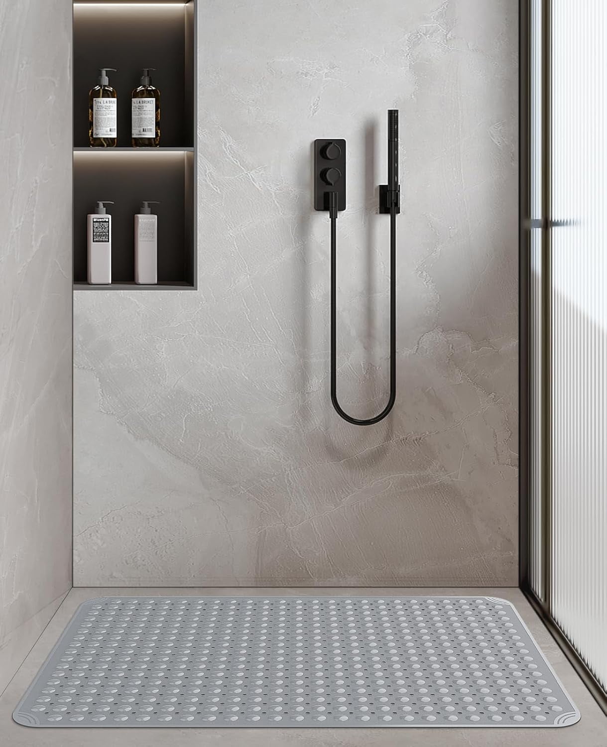 Yolife Shower Mat 31.5"x31.5" - TPE Non-Slip Bath Mat/Suction Cups & Drain Holes, Heavy Duty for Shower Stall, Odor-Free,Dark Grey