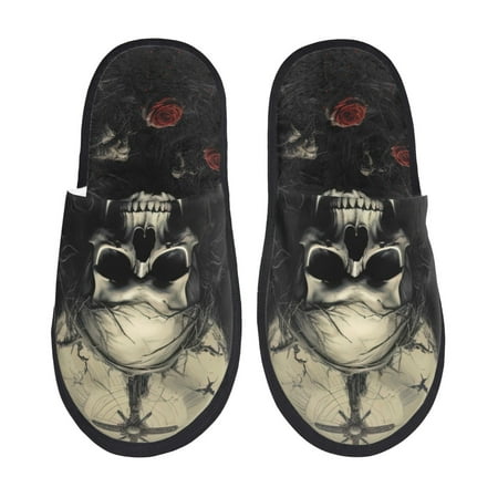 Balery Vintage Winged Rose Skull Slient Indoor Furry Fleece Comfort House Shoes Soft Non-Slip Home Shoes Cotton slippers House Slippers-- Large