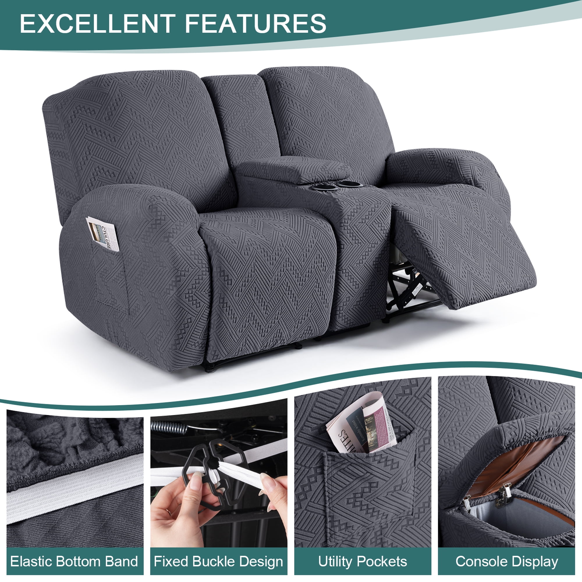 TAOCOCO Durable 4-Pieces Loveseat Recliner Slipcovers with Console, Stretch Jacquard Reclining Couch Covers for 2 Seater Sofa with Pockets- Home Sofa Protector, Black Gray