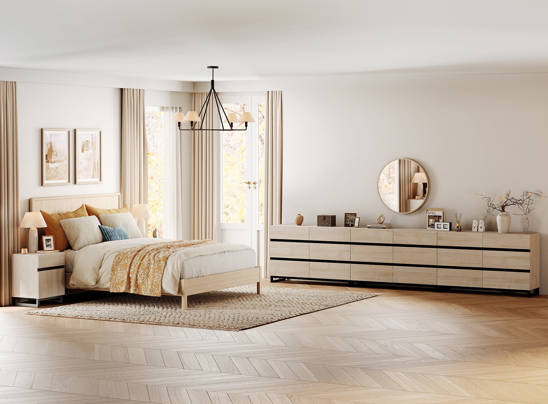 WAMPAT Modern 5-Piece Bedroom Furniture Set, 142 Inch Dresser with 18 Drawers & 2 Nightstands with Drawer and Cabinet Design, Beige