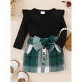 thumbnail image 3 of Arvbitana Baby Girls Skirt Sets Long Sleeve Knitted Ruffle Solid Color Romper +  Plaid Skirt with Belt Autumn Winter Warm Outfit for Infant 2Pcs 0-18M, 3 of 9