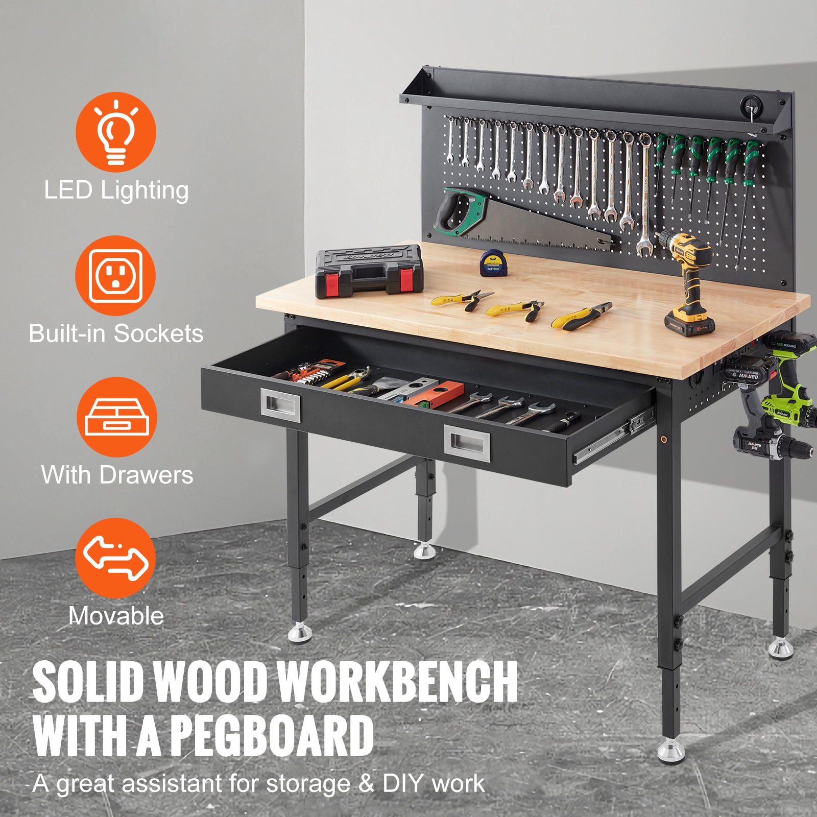KFFKFF 48x24" Multifunctional Solid Wood Workbench with Pegboard Power Outlets