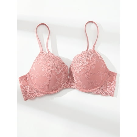 Deyllo Women Lace Push Up Padded Plunge Add Cups Underwire Support Lift Up Bra  Rose Pink 38A
