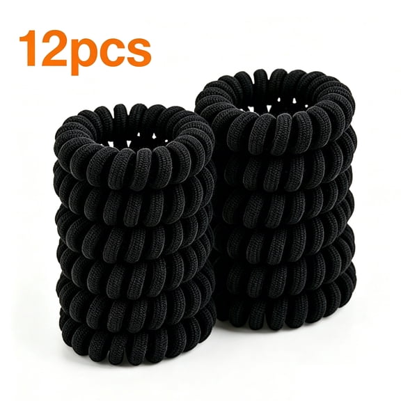 Spiral Black Cloth Hair Ties for Thick, Ponytail Holders (12 Pcs), No Crease Phone Cord Ties for All Hair Types