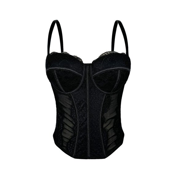 Byworldtasic Women's Sexy Embroidery Corset Top Bodysuit Spaghetti Strap V Neck Sheer Mesh Bustier Cami Rave Top