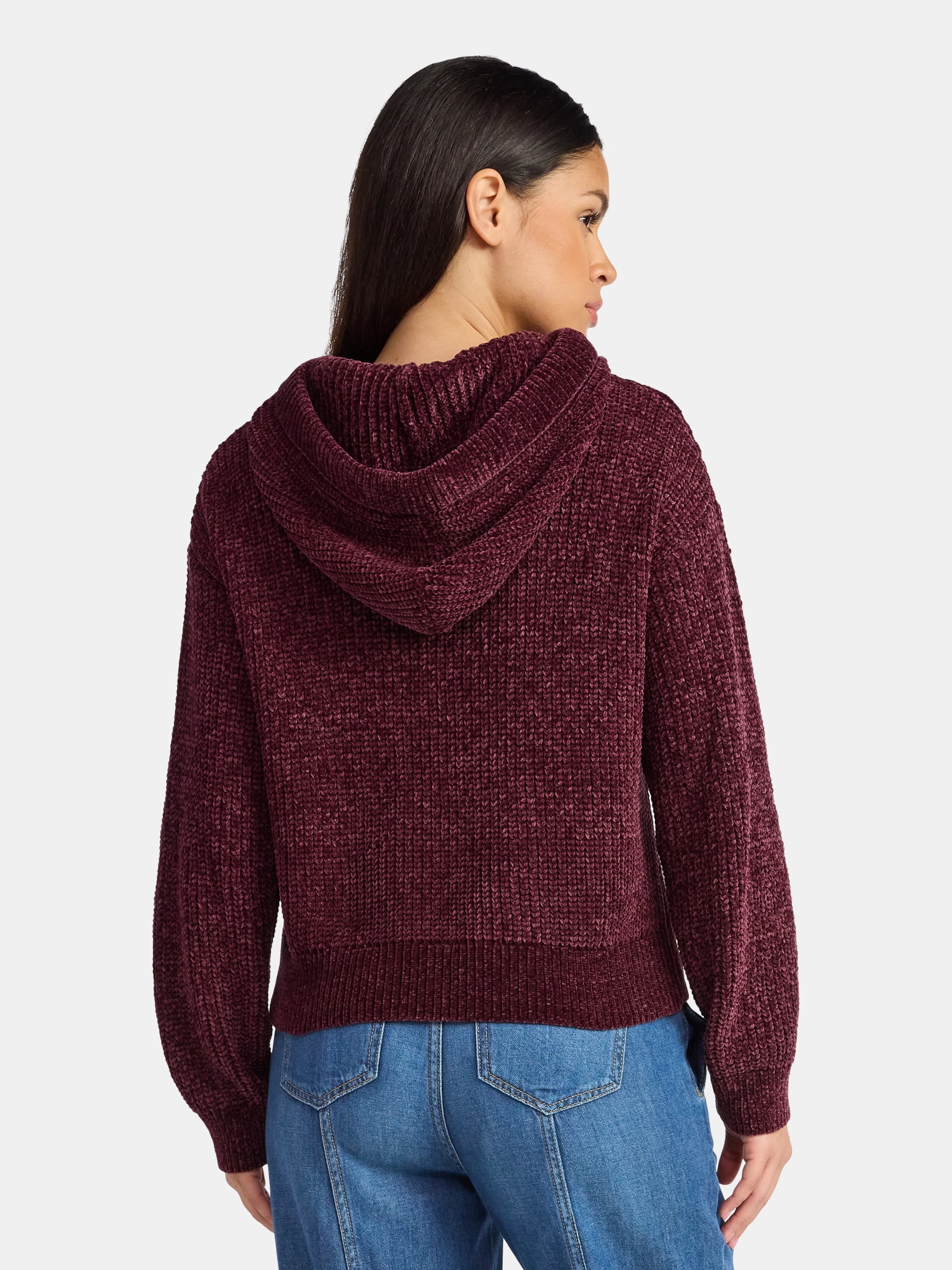 Time and Tru Women's Velveteen Hoodie Pullover Sweater with Long Sleeves, Sizes XS-XXXL