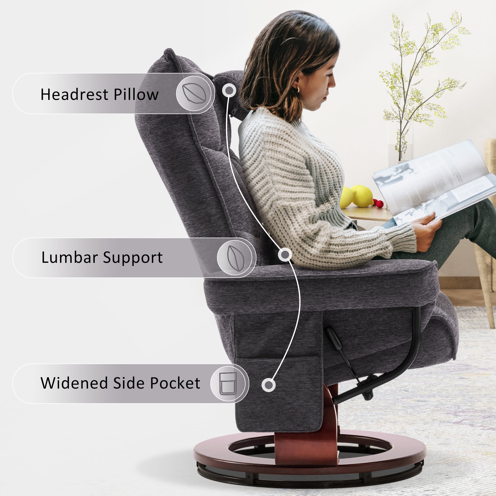 Mcombo Swivel Recliner with Ottoman, Massage TV Chairs with Neck Pillow and Side Pocket for Living Reading Room, Chenille Fabric 4188