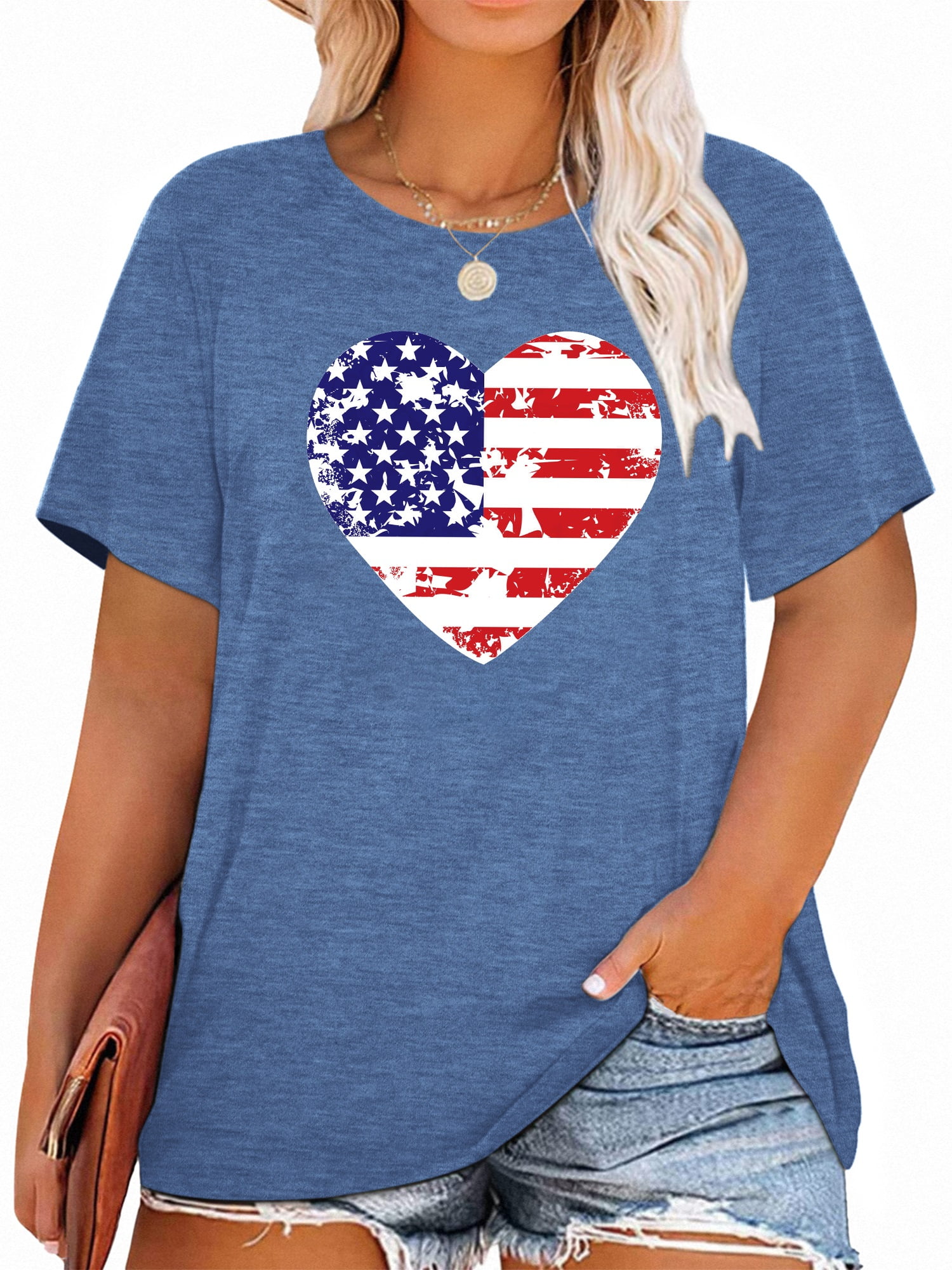 Anbech 4th of july Plus Size TShirts for Women Graphic Heart Print
