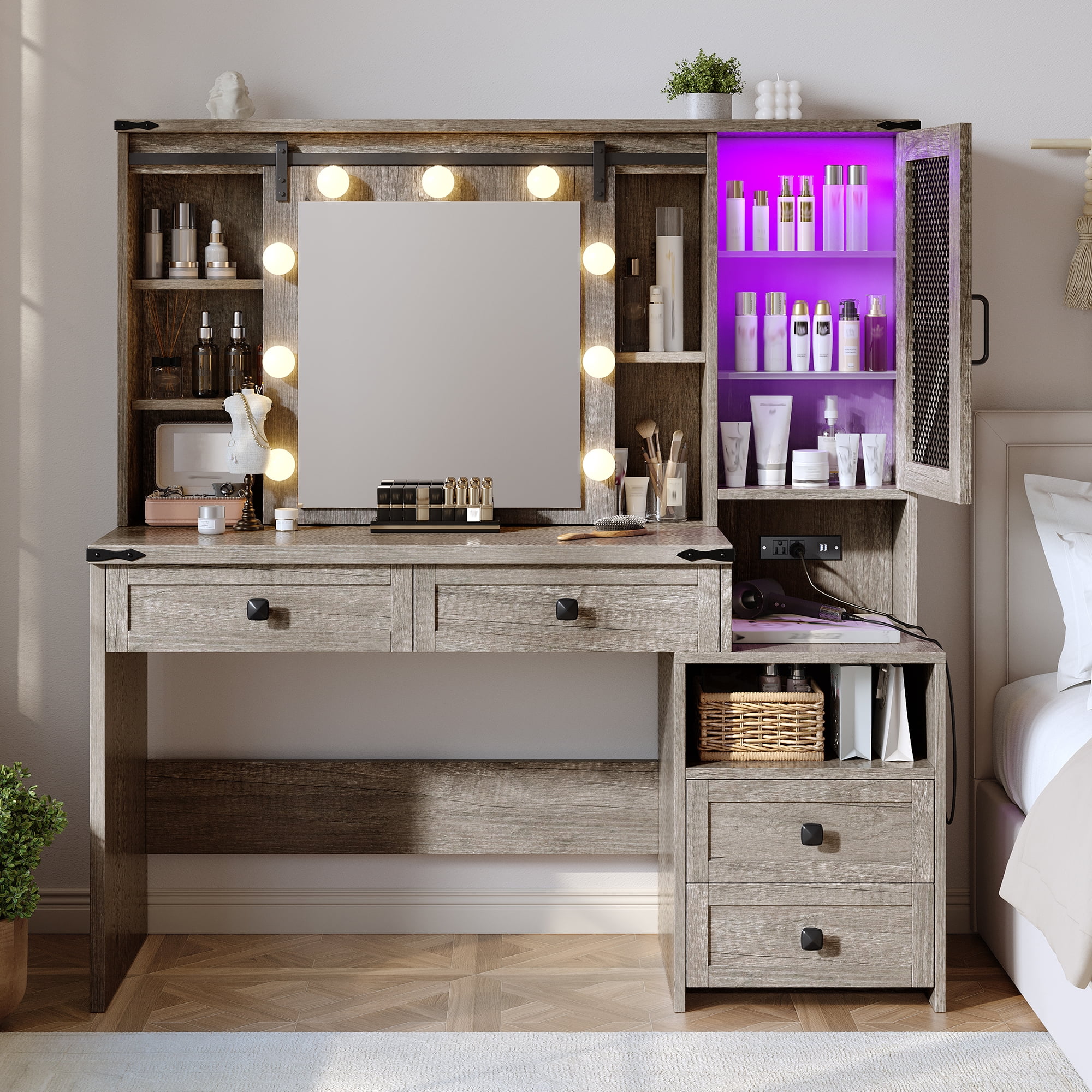 Farmhouse Makeup Vanity with Sliding Mirror & Lights Large Vanity Desk with Charge Station Dressing Table with 4 Drawers & 2 Cabinets, Light Rustic Oak