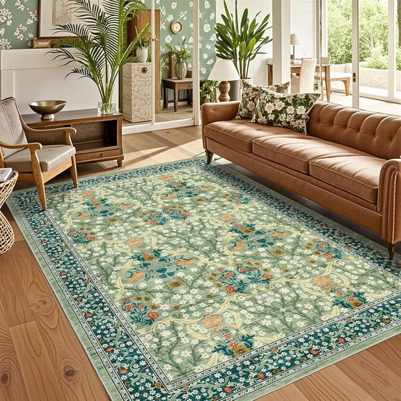 5x7 Floral Botanical Area Rug, Non Slip Washable Low Pile Stain Resistant Living Room Bedroom Carpet,green