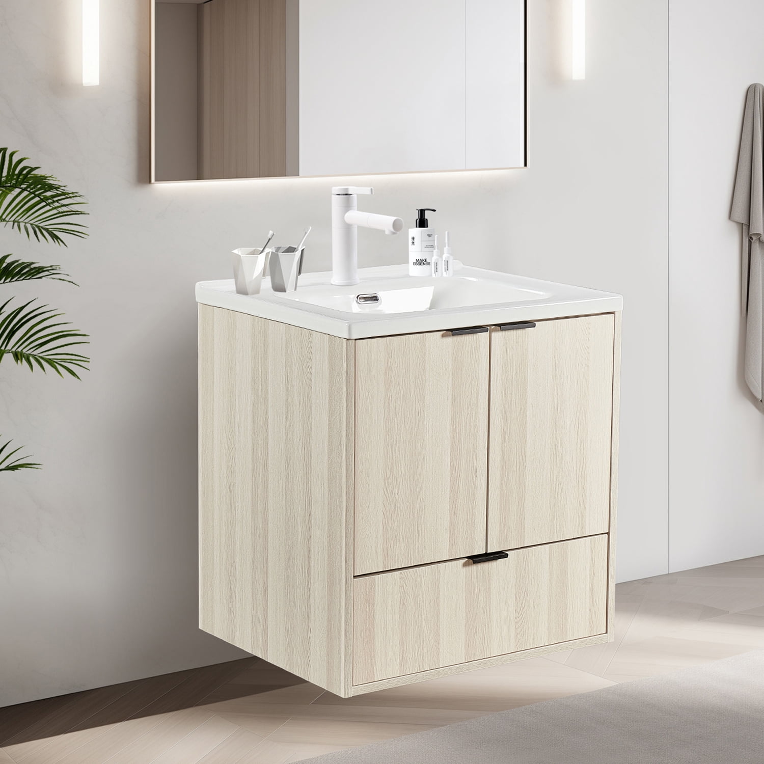 Wall Mount Vanity Cabinet With Drawer White Oak L 24 in x H 24.8 in x D 19.7 in