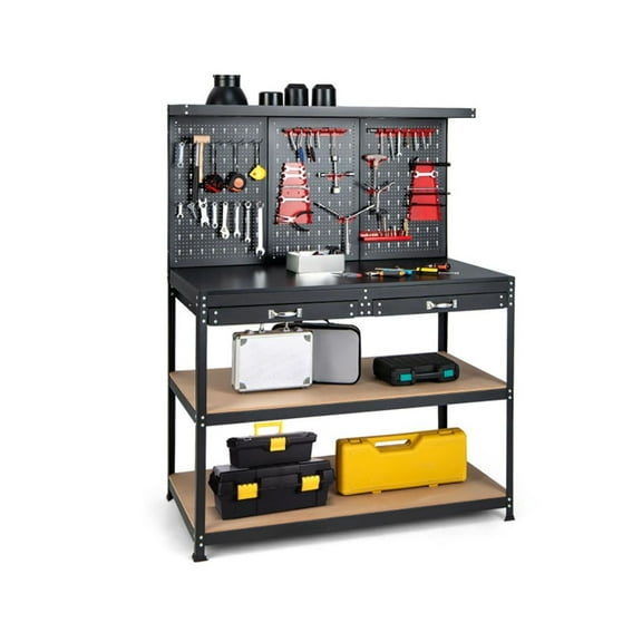 48 Inch Workbench with Pegboard and Drawers, Heavy Duty Metal Work Table with 2 Shelves, Tool Storage Organizer for Garage, Workshop, Woodworking, Black