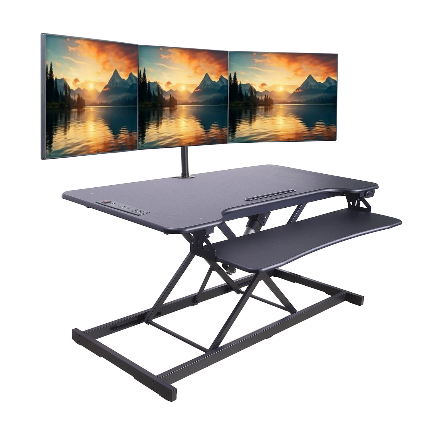 Rocelco 46" Electric Standing Desk Converter with USB and Floor Mat in Black