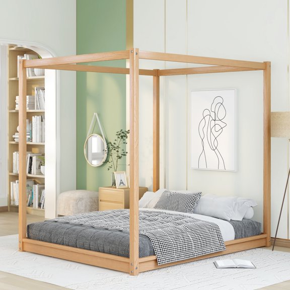 Queen Size Canopy Bed Frame,4-Post Canopy Platform Bed Frame with Headboard and Support Legs,Wood Full Bed Frame for Kids Teens Adults, No Box Spring Needed,Easy to Assemble,Natural