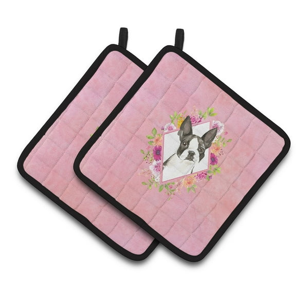 Boston Terrier Pink Flowers Pair of Pot Holders