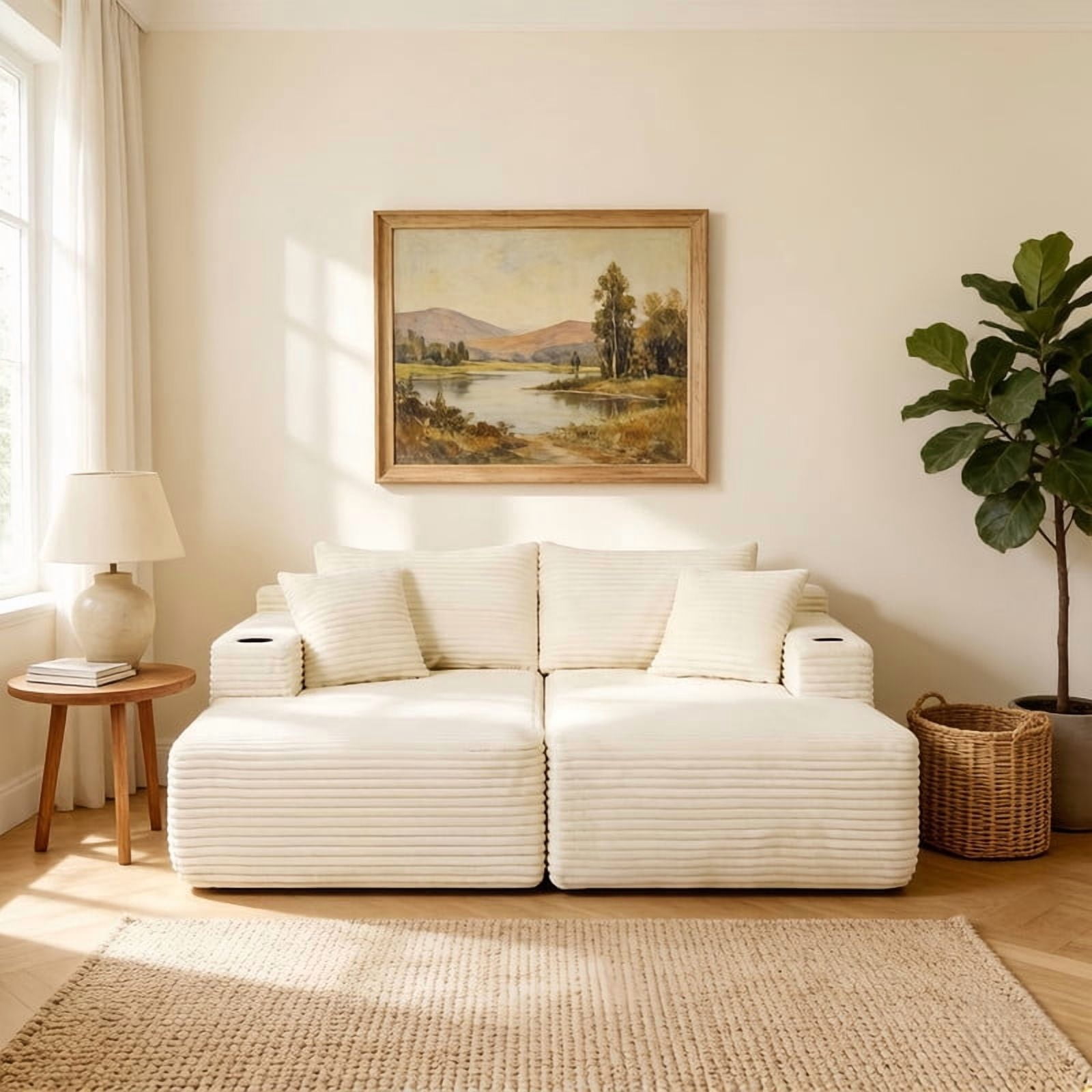2-Seater Double Chaise Lounge, Deep Seat Upholstered Floor Couch, Boneless Loveseat Sofa with Cup Holder & Storage Pocket
