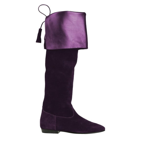 FSJ Women Knee-High Boots Comfortable Flats Almond Toe Stretchy Suede Fold Boots Cuff with Tassel Size 8 Purple