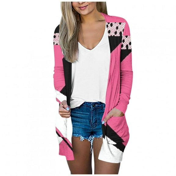 Womens Open Front Cardigan Shirts with Pocket Long Sleeve Lightweight Coat Loose Comfort Casual Tops Outwear Hot Pink, 2XL