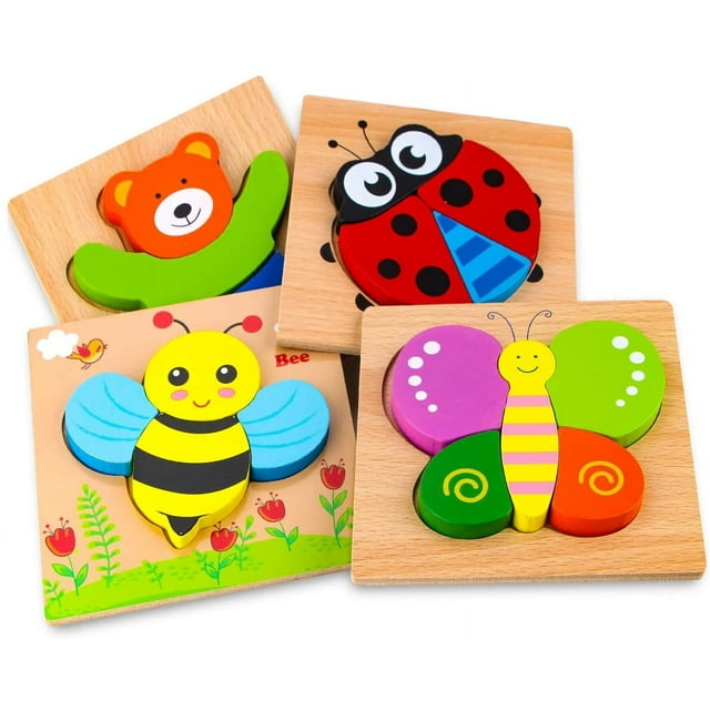 Rompecabezas de animales de madera para niños de 1, 2 y 3 años, juguetes educativos para niños y niñas, regalo con 4 diseños de animales, formas de colores brillantes, caja de regalo personalizada