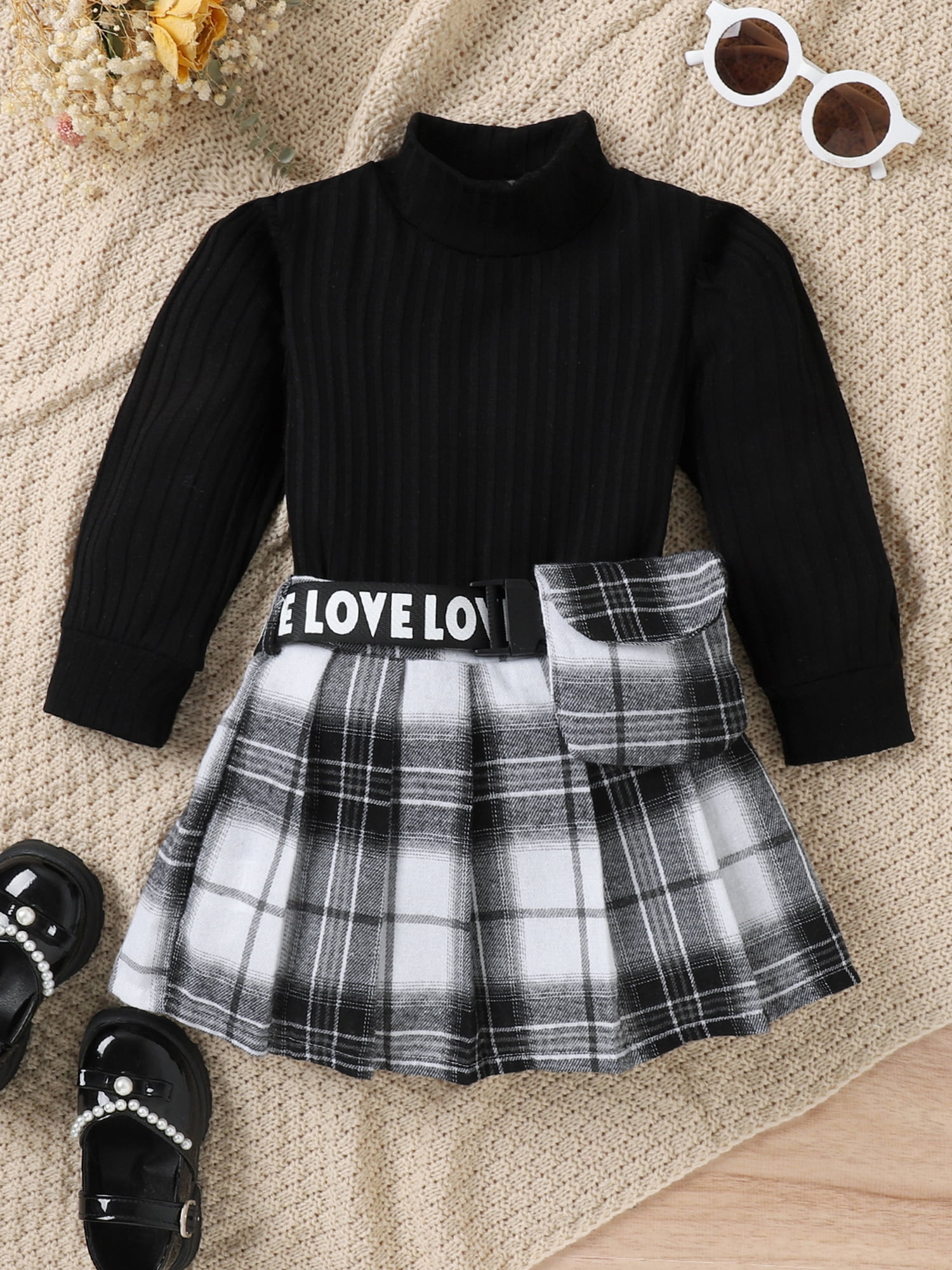 Black and white plaid skirt cheap set