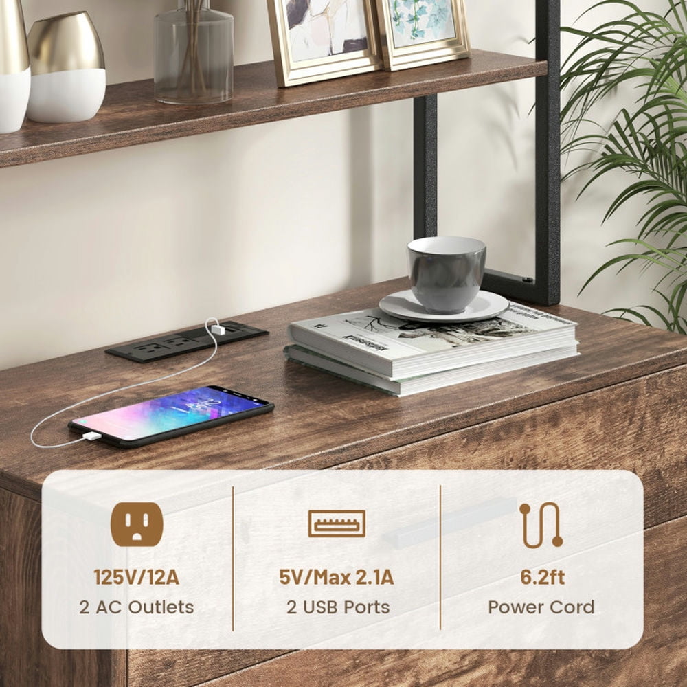 Demi Bonn 2 Drawer Freestanding File Cabinet with Charging Station and 3-Tier Open Shelves, Brown