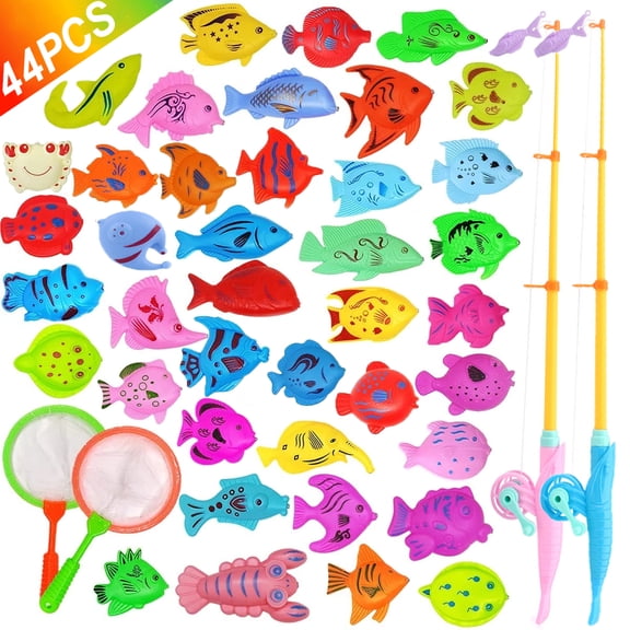 YIJIAL 44 PCS Magnetic Fishing Toys Game Set for Kids - Water Table Bathtub Toy with Pole Rod Net Plastic Floating Fish for 3 4 5 6 Year Old